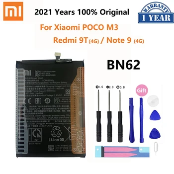 100% Original Xiao mi BN62 6000mAh Bateria do Telefone Para Xiaomi POCO M3 Redmi Nota 9 4G 9T Baterias de Substituição Bateria