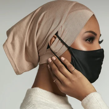 2021 NOVO Furo da Orelha Interna Hijabs Elástico de Algodão Turbante Muçulmano Chapéu Feminino Sob o Lenço de Caps Islã Envoltórios de Cabeça Jersey Underscarf