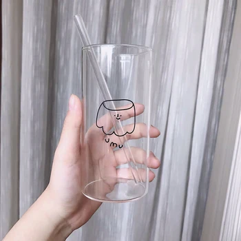 400ml coreano Ins Transparente Beber o Copo de Leite Fresco Suco de Frio Copo de Água Com Suco de Palha Copa Senhora Bonito Presente
