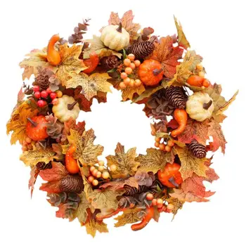 50cm Outono de Coroa de flores, Decoração de Natal Artificial, Maple, Folhas de Abóbora Branca Frutos da Árvore de Raiz Garland Halloween Coroa de flores Decoração