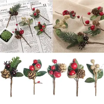 5pcs Flor Artificial Falso Frost Pine Ramo Cone Berry Holly Diy de Natal Enfeite de Árvore de Casa, Decoração de Natal Suprimentos Presente