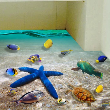 60*90 cm Bonito 3D Dolphin Chão Adesivos Impermeáveis casa de Banho Estrela-do-mar adesivos de parede adesivo de chão de azulejos Para Quarto de Crianças, Presente de