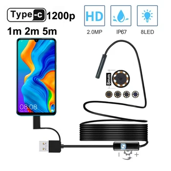 8mm Câmara Endoscópio HD 1200P IP68 2M Rígido Tubo Flexível de Mirco USB Tipo-C Boroscópio Inspecção Vídeo Endoscópio para Android