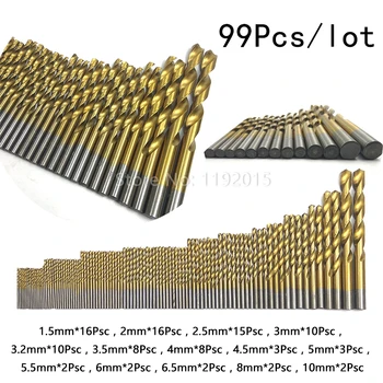 99pcs/Set Broca helicoidal Conjunto de Bits Viu Conjunto de HSS Alta de Aço Revestido de Titânio Broca Woodworkin Ferramenta de 1,5 a 10mm Para aparafusadora sem fio