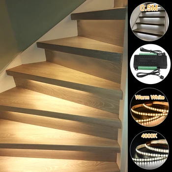 A Escada CONDUZIDA COB Luz Strip Preto Com Sensor de Movimento de PIR da Escada Controlador de Iluminação Plug and Play Para 0,5 M 1M 16 Passos de Escada
