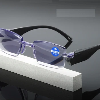 Anti-Luz azul Óculos de Leitura a Distância E Perto de Dupla utilização sem aro Borda de corte de Óculos Com Luz Led Para 100-350 Grau