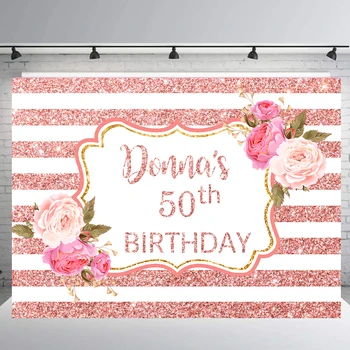 BEIPOTO Mulheres senhora do 50º 40º festa de aniversário para adultos pano de fundo cor-de-Rosa de ouro Glitter listras decoração de flores foto de plano de fundo B-432