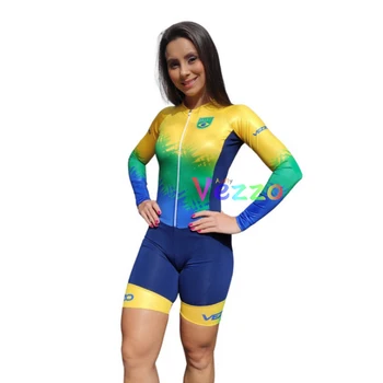 Brasil Mulheres De Ciclismo De Manga Comprida Macacão Conjunto De Verão Terno Moto Skinsuit Feminina De Ciclismo De Macaco