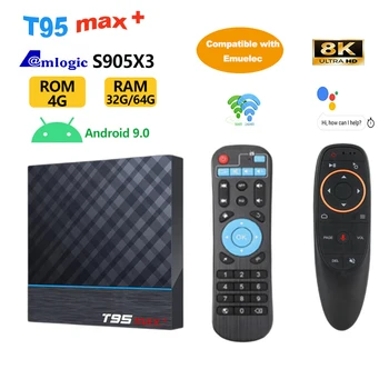 Caixa de Tv Android 9.0 T95 MAX PLUS Amlogic S905x3 2,4 G 5G wi-fi dual band 4G 32GB 64G 8K BT4.0 Set-Top Box media player PK X96 MAX.