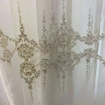 Europeu De Luxo Branco Corda Bordado Em Tule Cortinas Para Sala De Estar, Quarto Francês Pérola De Tule Para A Princesa Casamento, Decoração De Quarto