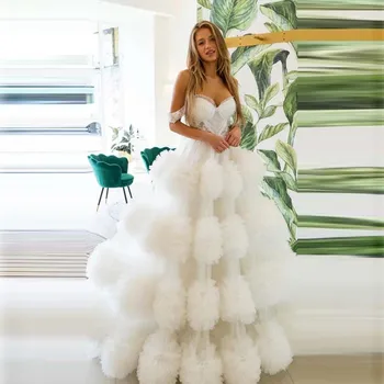 Exagerada de Babados de Tule Vestidos de Casamento Strapless Querida Exuberante Malha Plissada Bola Vestido Branco de Noiva, Vestidos de свадебное платье