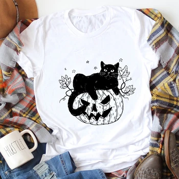 Halloween Gato Na Abóbora T-shirt Engraçada Gato Mãe Presente de natal Tshirt Assustador Queda Vibrações Camiseta Topo