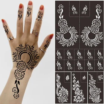 Henna indiana Estêncil da Tatuagem árabe Casamento Aerógrafo Luva da Mão Tatoos Estêncil Glitter Resuable Henna Modelo para as Mulheres Noiva
