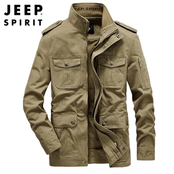 JEEP ESPÍRITO jaqueta de homens primavera, outono de algodão casual frouxo colar de pé multi-saco de meia-idade e jovens roupas com bordados