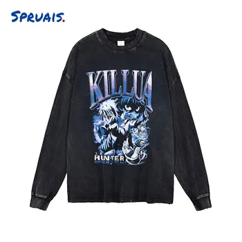 Killua Zoldyck T-shirt Vintage Lavado Camisolas de Streetwear Hunter X Hunter Capuz Anime Pulôver de Mangá Tops Tees Anime Roupas