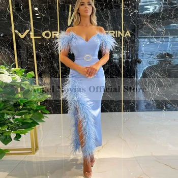 Mulheres Comprimento do Tornozelo Azul Bainha Vestido de Noite de 2021 com Pena de Caftan árabe Vestidos de Baile Vestidos de Festa