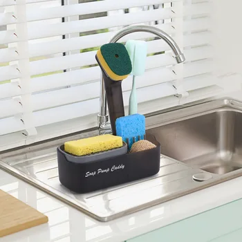 Nova esponja caixa de sabão cremalheira do armazenamento da limpeza da cozinha para lavar a louça escova pote de detergente prima distribuidor