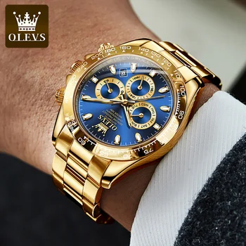 OLEVS Novo Luxury18K de Ouro Homens Relógios de Aço Inoxidável, Impermeável, Face Azul Clássico Estilo Desportivo Relógio de Pulso Mecânico Automático