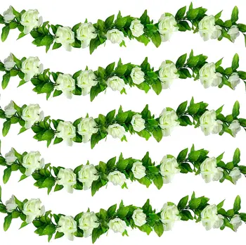 Pack de 5 de 37,5 PÉS Artificial Branco Guirlandas de Flores Rosa Vinha Cair Decoração Falso de Parede Floral Plantas Penduradas para Casamento Festa em Casa