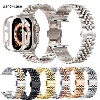Para apple relógio ultra 49mm caso da banda + cinta de aço Inoxidável para o iwatch 8 7 45mm de 41mm com pulseira de caso PC sem protetor de tela