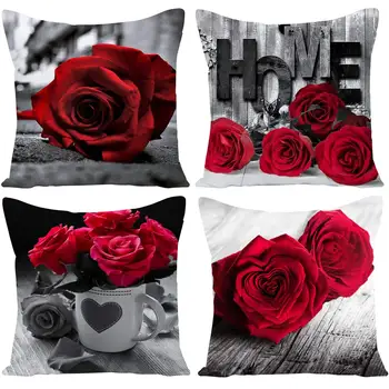 Poética de Rosa Vermelha Flor de Impressão de Poliéster Fronha Sofá Capa de Almofada Melhoria Home Decor Home Quadrado de 45x45