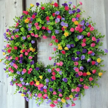 Quinta Colorido Cottage Primavera Coroa de flores de Eucalipto Casa de Flores Artificiais Jardim de Plantas Porta da Frente Decoração Presente do Dia da Mãe