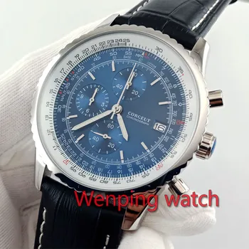 Relógio cronógrafo de 46,5 mm mostrador azul pulseira de couro preto polidor de prata, caixa em aço, Movimento de Quartzo VK67 W2869