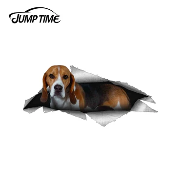 Saltar Tempo 13cm x 5,9 cm de Beagle, Cão de Estimação Etiqueta Rasgada pára-choque de Metal Decalque Engraçado Adesivos de carros Janela do Tronco do Animal 3D Estilo Carro
