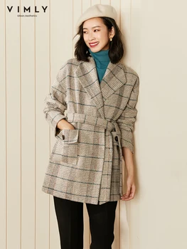 VIMLY de Inverno Xadrez com a Coats para mulheres 2021 Moda casacos de Lapela Bolsos Correia Casaco Elegante, Feminino Roupas de Lã Casaco F2998