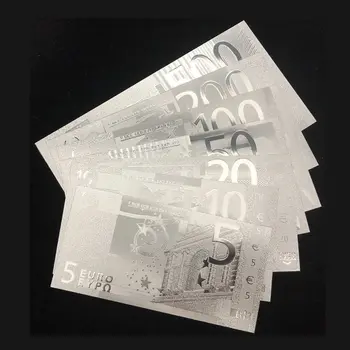 Wishonor 7pcs/lote do Euro Tira Banhado Notas 5 10 20 50 100 200 500 Notas de Euro em Folha de Prata e Dinheiro Para Presentes